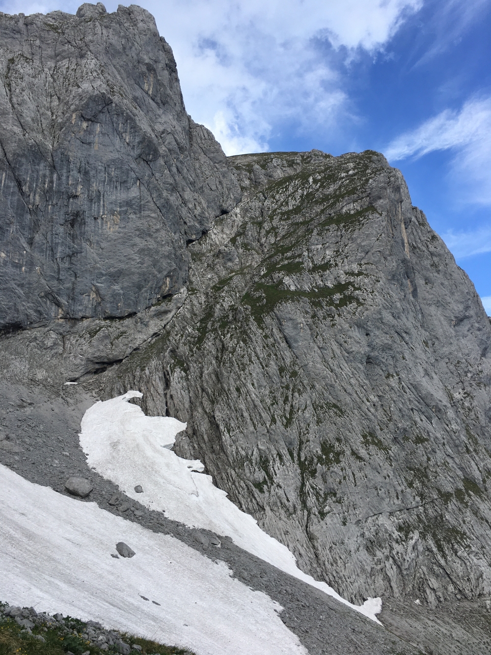 Klettersteig Ackerlspitze von St.Johann: Blick aus dem Niedersessel auf den Weg durch die Grasflanke