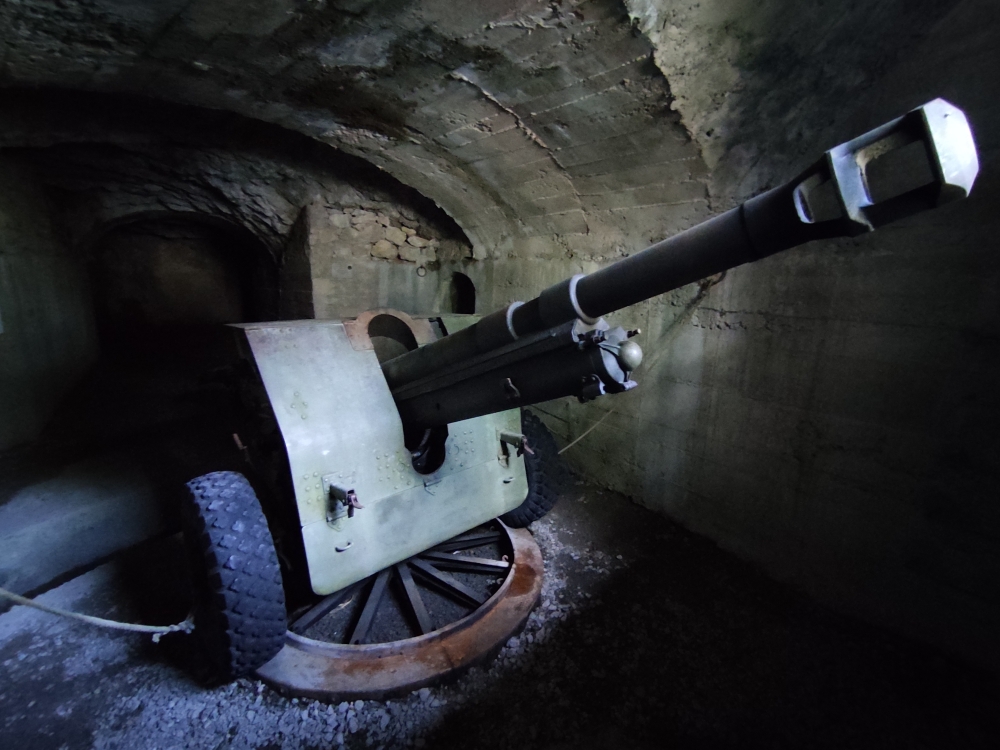 Wanderung Monte Pravello: Wanderung Monte Pravello: Geschütz im Bunker (Appostamento al Monte Orsa)