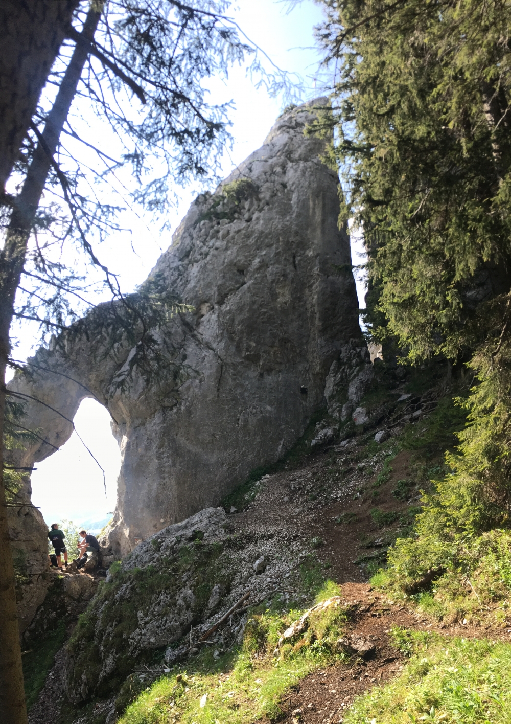 Wanderung Breitenstein: Blick auf das Breitensteinfensterl mit der Klettermöglichkeit zum Gipfelkreuz Breitensteinfensterl