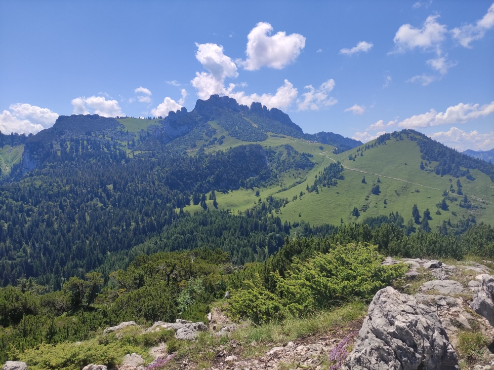 Wanderung Gederer Wand: Wanderung Gederer Wand: Blick zur Steinlingalm zwischen Kampenwand und Sulten (Gederer Wand)