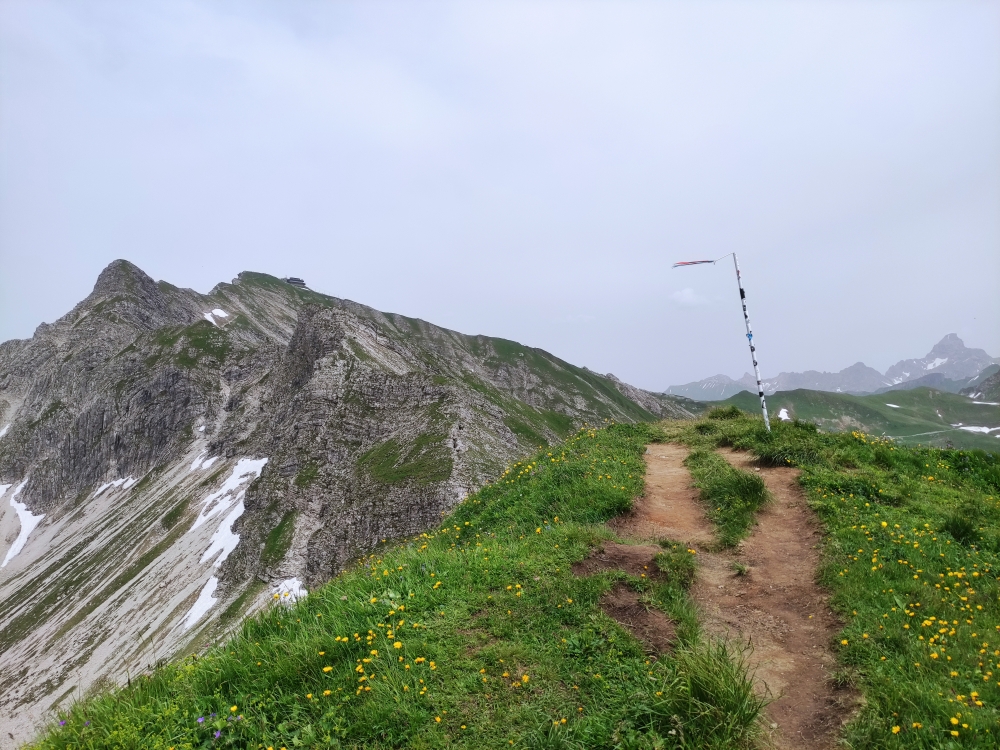 Wanderung Rubihorn: Wanderung Rubihorn: Gipfelfahne mit Blick zum Nebelhorn (Geißfuß)