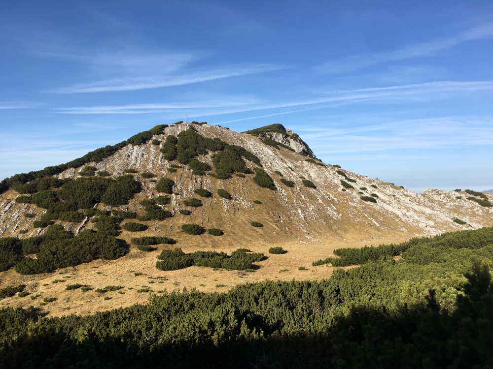 Wanderung Vorderunnütz: Wanderung Vorderunnütz: Blick nach Norden auf das Gipfelkreuz (Gipfelkreuz zwischen Hinterunnütz und Hochunnütz)