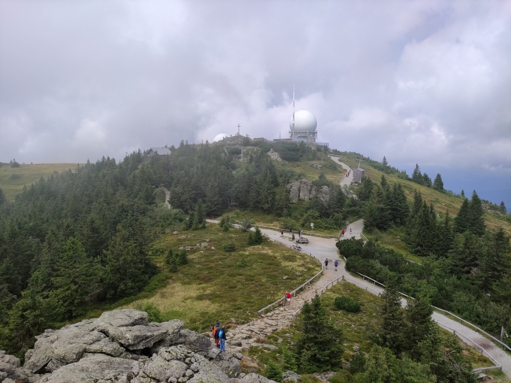 Wanderung Großer Arber: Wanderung Großer Arber: Blick zum Gipfelkreuz Großer Arber (Großer Seeriegel)