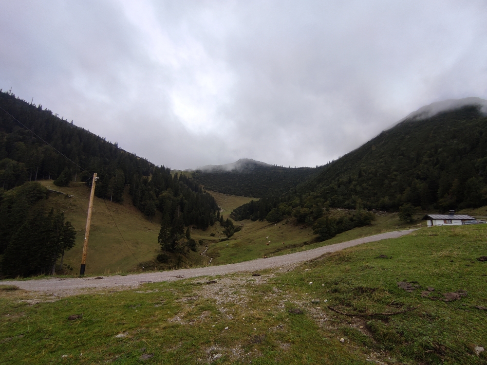 Wanderung Herzogstand vom Kochelsee über Rauteckkopf: Blick vom Rauchkopf in den Kessel unter dem Herzogstandhaus (rechts die Schlehdorfer Alm)
