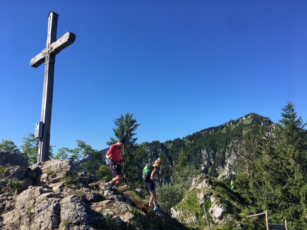 Wanderung Hochsalwand: Wanderung Hochsalwand: Gipfelkreuz mit der Hochsalwand im Hintergrund (Rampoldplatte)