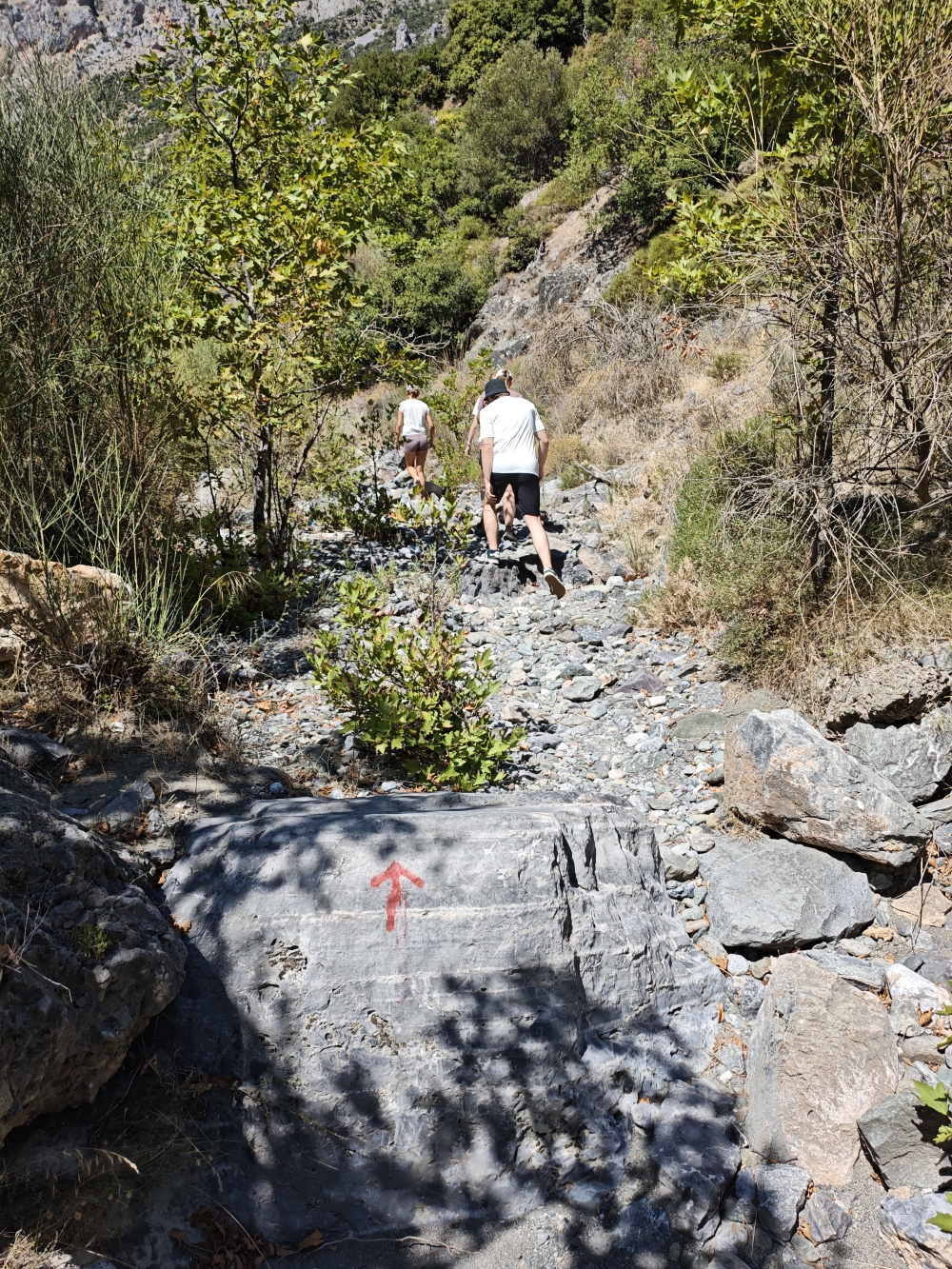 Wanderung Manikiatis Wasserfall: Rote Pfeile weisen im Bachbett den Weg