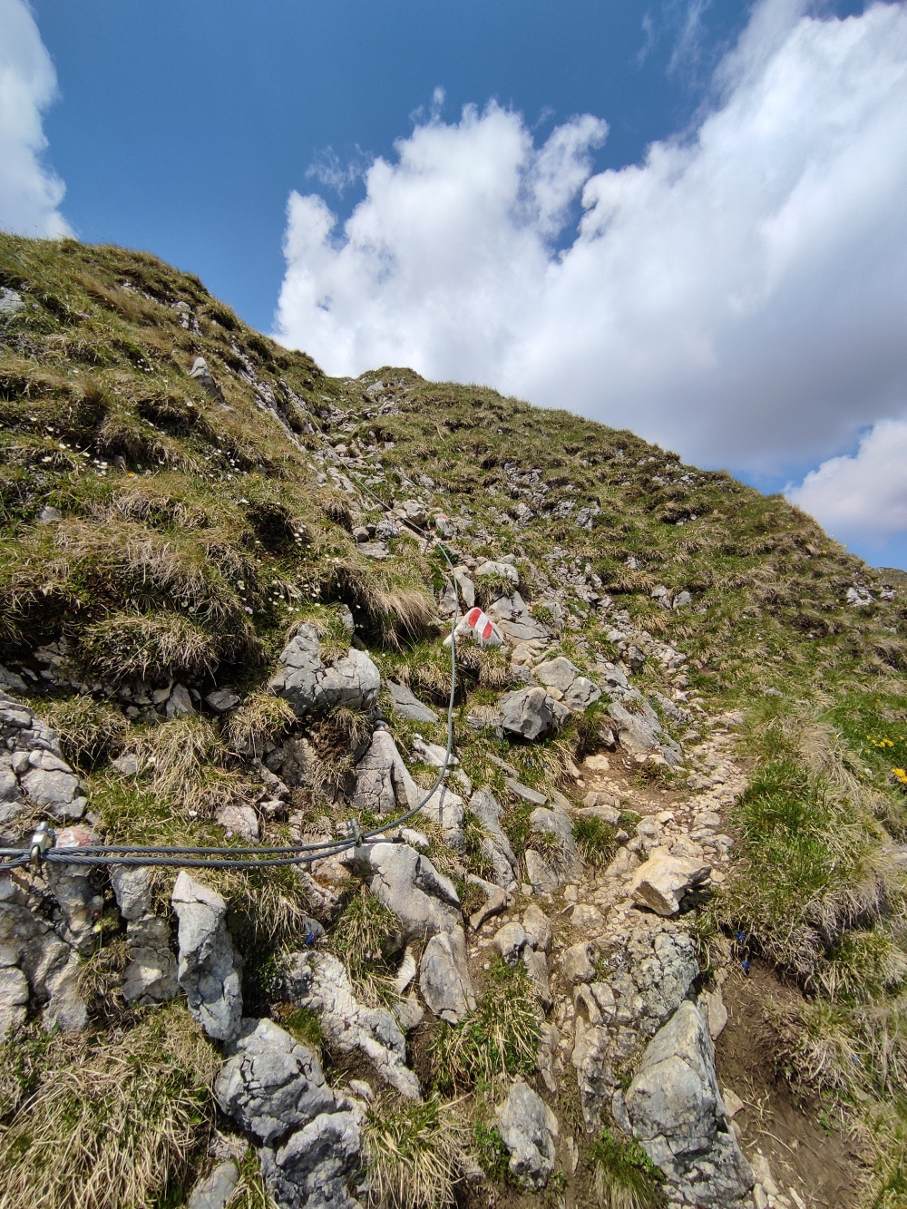 Bike & Hike Rofanspitze: Kurze , harmlose, seilgesicherte Passage unter dem Gipfel
