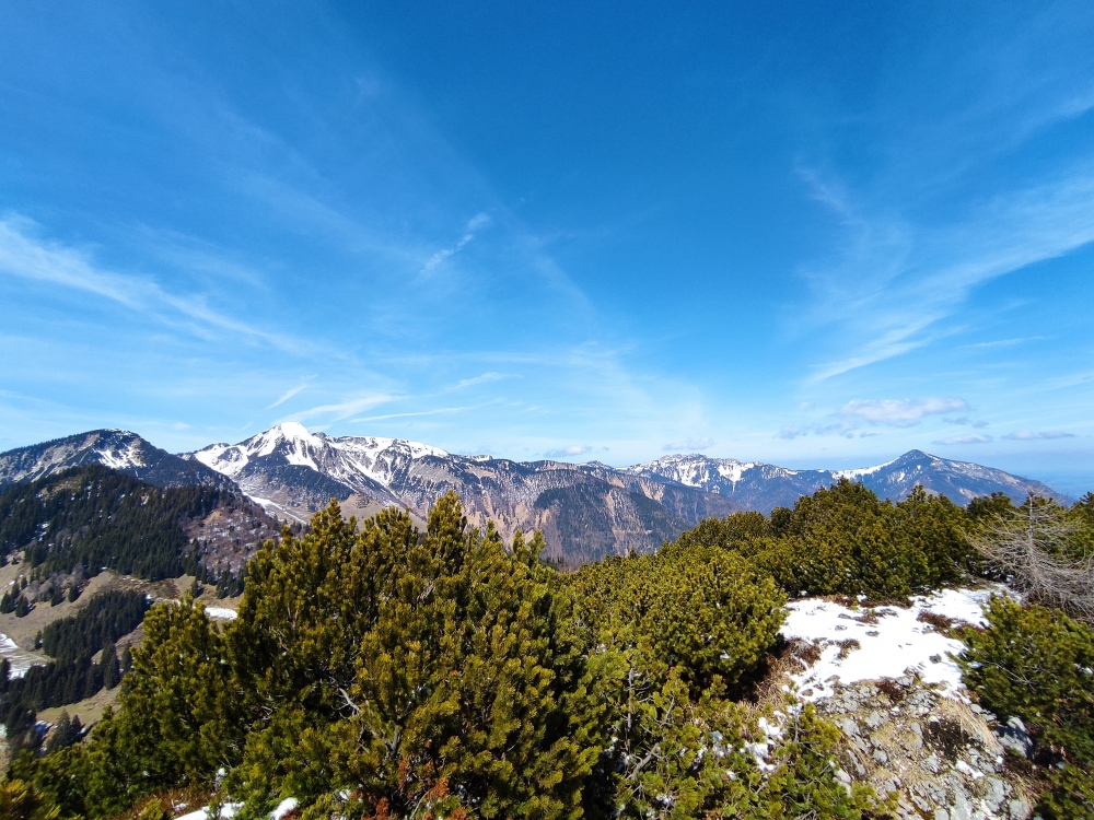 Wanderung Rudersburg: Wanderung Rudersburg: Blick nach Norden auf Breitenstein, Geigelstein, Kampenwand und Hochplatte (von links) (Rudersburg)