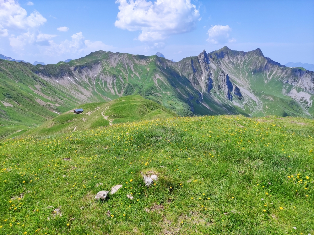 Wanderung Großer Widderstein: Wanderung Großer Widderstein: Markierungsstein am Seekopf mit Blick über die Bärgunt Hochalpe zur Höferspitze