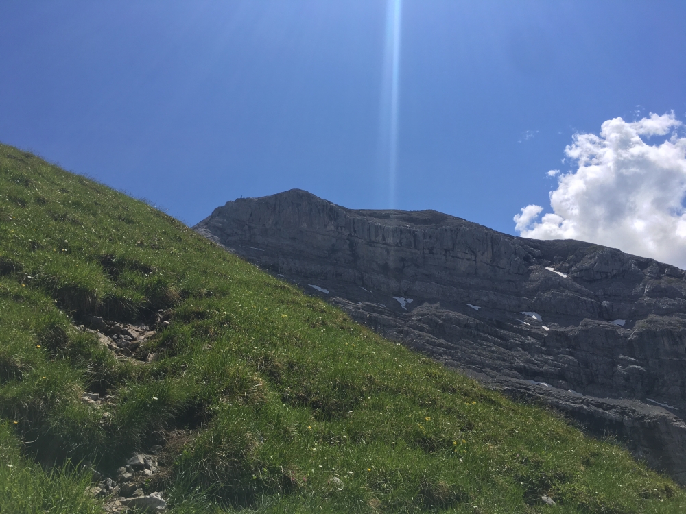 Wanderung Sonnjoch-Überschreitung: Vom Sattel geht es zunächst über Wiesen