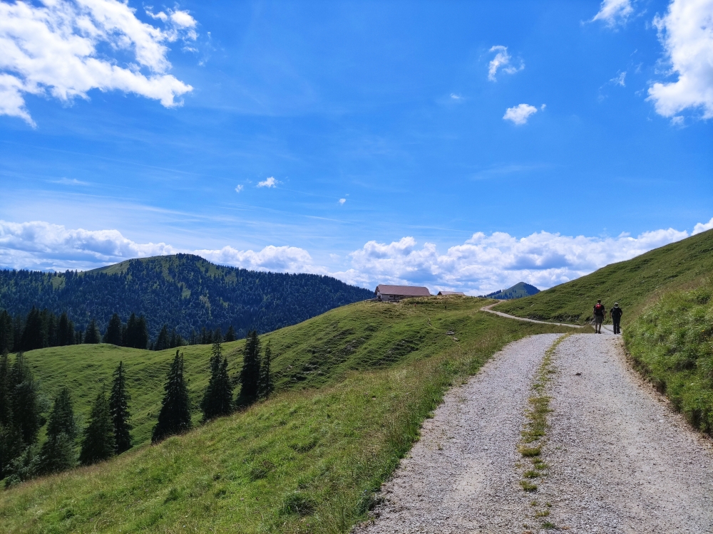 Wanderung Rabenkopf: Wanderung Rabenkopf: Die Staffelalm mit Hirschhörnlkopf (links) und Jochberg