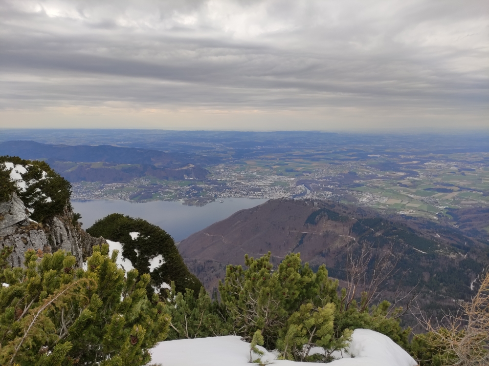 Wanderung Traunstein: Wanderung Traunstein: Blick über den Grünberg nach Gmunden (Traunstein)