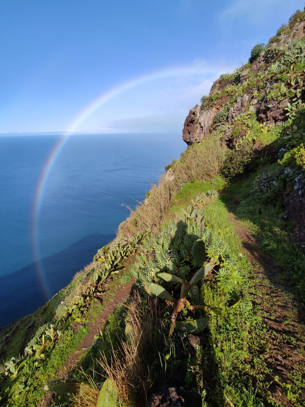 Wanderung Faja Grande Ponta do Pargo: Wanderung Faja Grande Ponta do Pargo: Pflasterweg mit Regenbogen (Vereda do Pesqueiro)