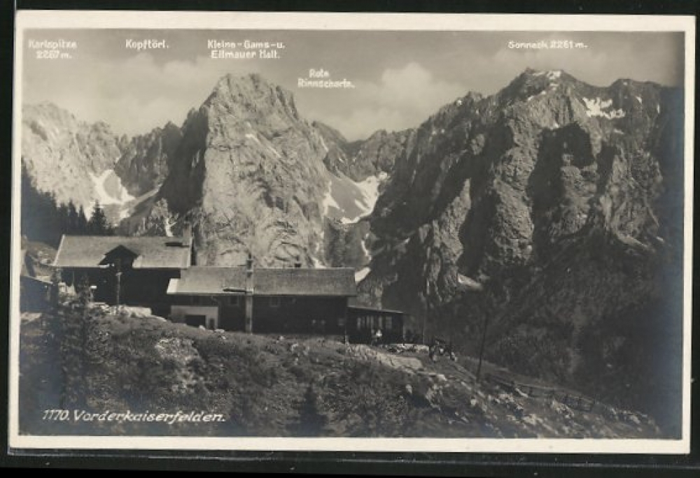 Wanderung Petersköpfl über Musikantensteig: Wanderung Petersköpfl über Musikantensteig: Vorderkaiserfeldenhütte mit Hintere Karlspitze, Kopftörl, Kleine Halt, Ellmauer Halt, Rote Rinnscharte und Sonneck
